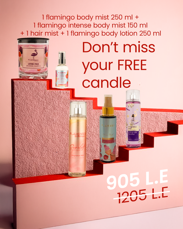 1 flamingo body mist 250 ml + 1 flamingo intense body mist 150 ml + 1 hair mist + 1 flamingo body lotion 250 ml get 1 candle free