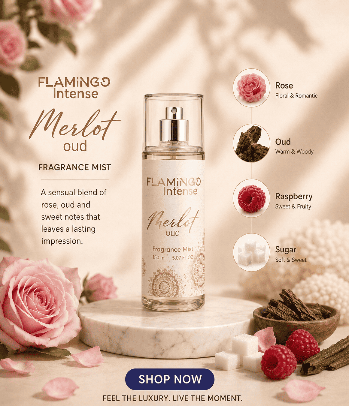 Merlot Oud Intense Body Mist 150ml | Luxury Oud Rose Scent – Flamingo