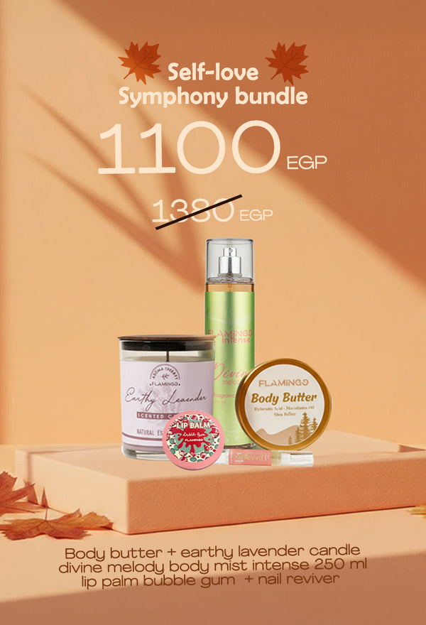 Self love symphony bundle(Body butter + earthy lavender candle&nbsp;divine melody body mist intense 250ml + lip palm bubble gum + nail reviver)