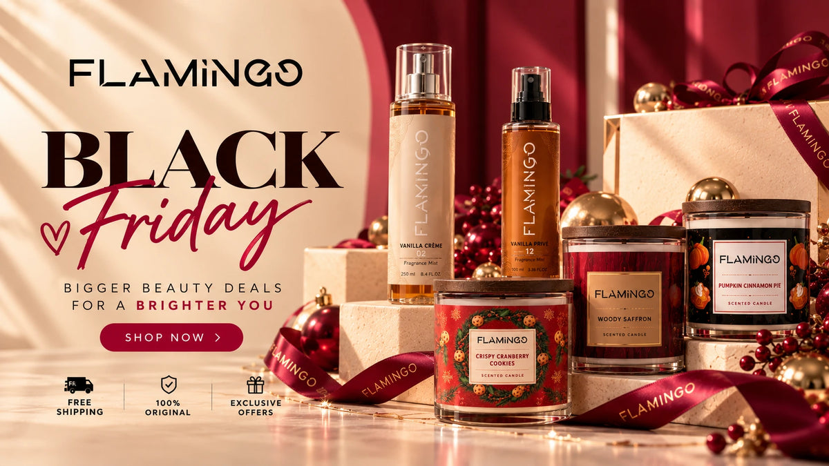 Flamingo Cosmetics Black Friday homepage banner featuring beauty products and free shipping